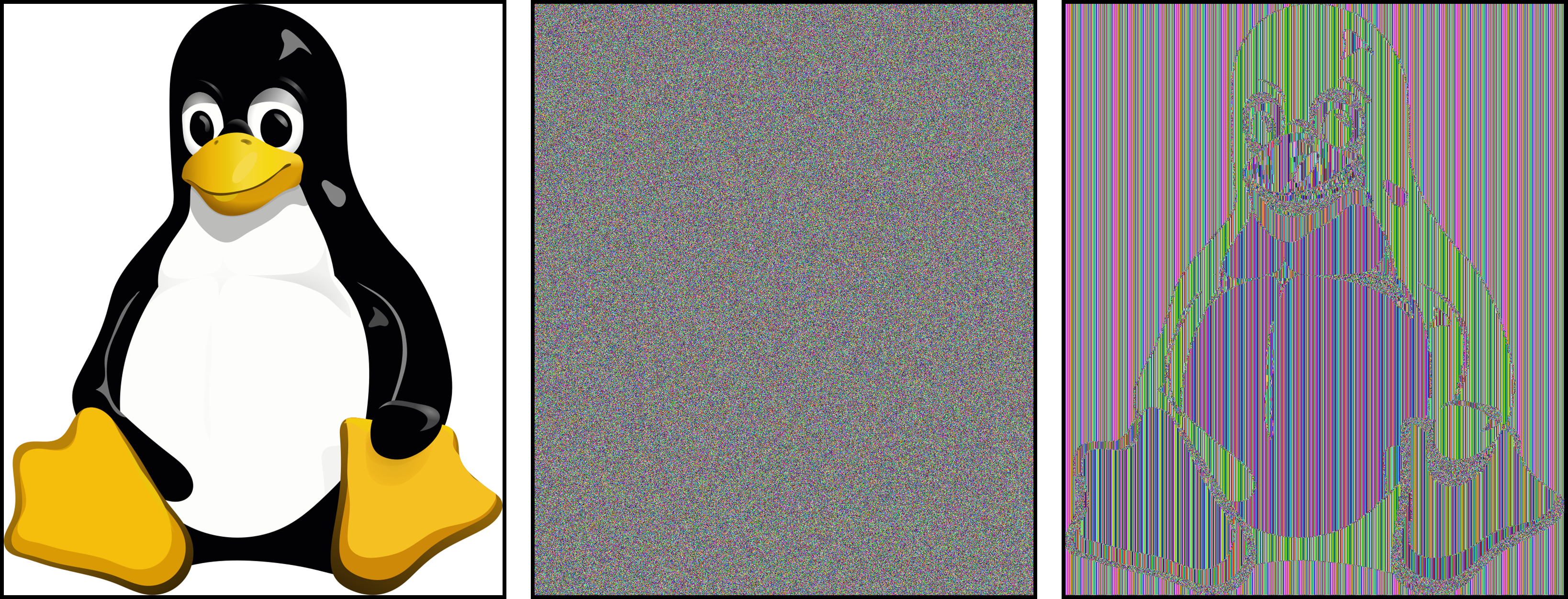 Tux the Penguin, in plaintext, encrypted with GCM, and encrypted with XTS.